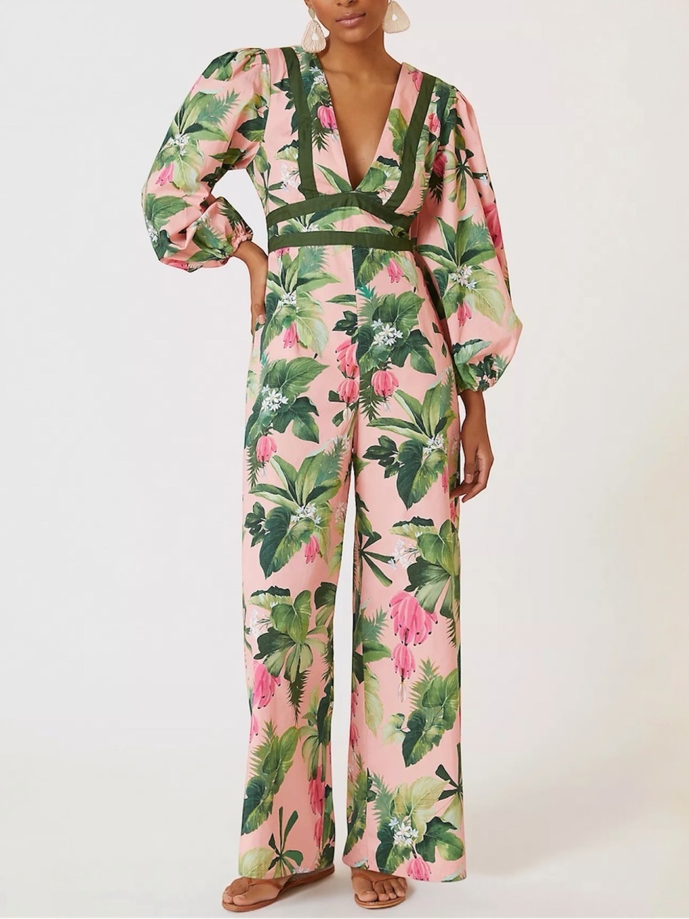NEW FARM Rio x Anthropologie Deep V Wide-Leg Jumpsuit Tropical Floral Size S